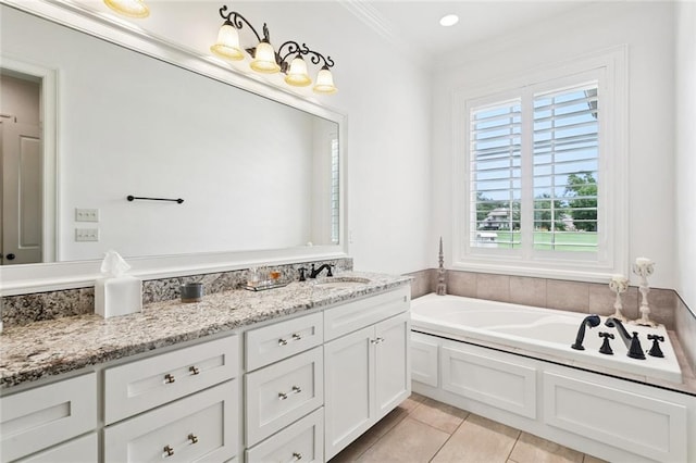 28 Wax Myrtle Ln, Covington, LA 70433 - full bathroom featuring crown molding, vanity, a garden tub, and tile patterned flooring