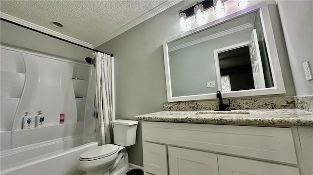 1813 Green Oak Dr, Gretna, LA 70056 - bathroom with ornamental molding, a textured ceiling, vanity, and shower / tub combo with curtain