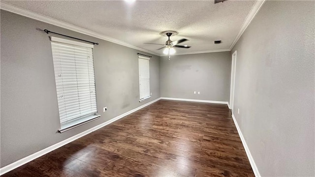 1813 Green Oak Dr, Gretna, LA 70056 - unfurnished room featuring a textured ceiling, dark wood finished floors, a ceiling fan, crown molding, and healthy amount of natural light