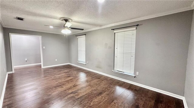 1813 Green Oak Dr, Gretna, LA 70056 - unfurnished room with ornamental molding, a textured ceiling, ceiling fan, and dark wood-style flooring