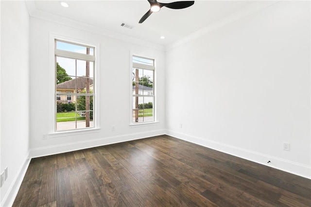 5516 Warrington Dr, New Orleans, LA 70122 - unfurnished room with ornamental molding, dark wood-style flooring, baseboards, ceiling fan, and recessed lighting