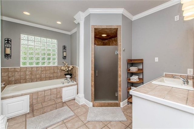 42251 Jefferson Dr, Hammond, LA 70403 - full bath with a garden tub, a stall shower, vanity, crown molding, and tile patterned floors