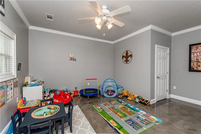 42251 Jefferson Dr, Hammond, LA 70403 - rec room featuring crown molding, a ceiling fan, and baseboards
