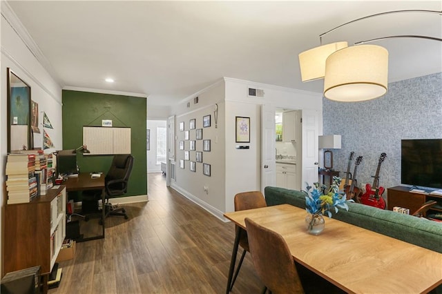 732 Cherokee St Unit 305, New Orleans, LA 70118 - dining area featuring ornamental molding, wood finished floors, a desk, recessed lighting, and wallpapered walls