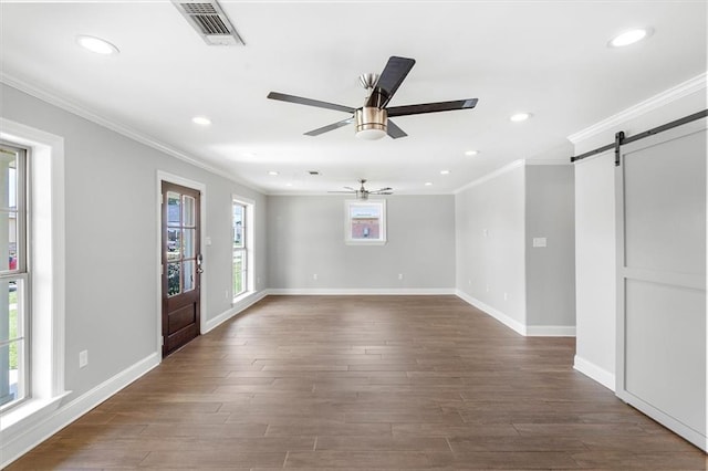2308 Taft Park, Metairie, LA 70001 - entrance foyer with a barn door, ornamental molding, ceiling fan, recessed lighting, and dark wood-type flooring