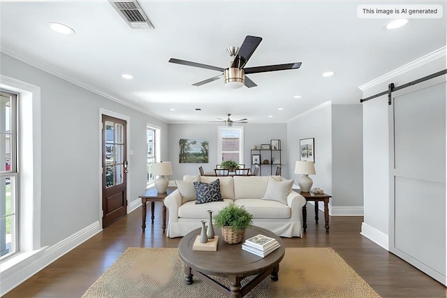 2308 Taft Park, Metairie, LA 70001 - living area featuring a barn door, crown molding, recessed lighting, ceiling fan, and dark wood-style flooring