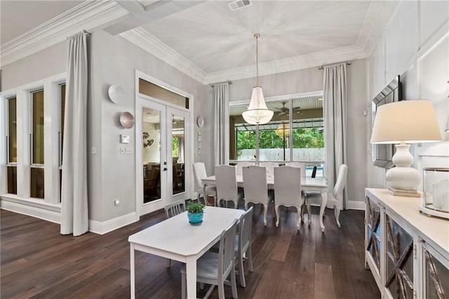 331 Memphis Trce, Covington, LA 70433 - dining area with dark wood-type flooring, baseboards, ornamental molding, and french doors