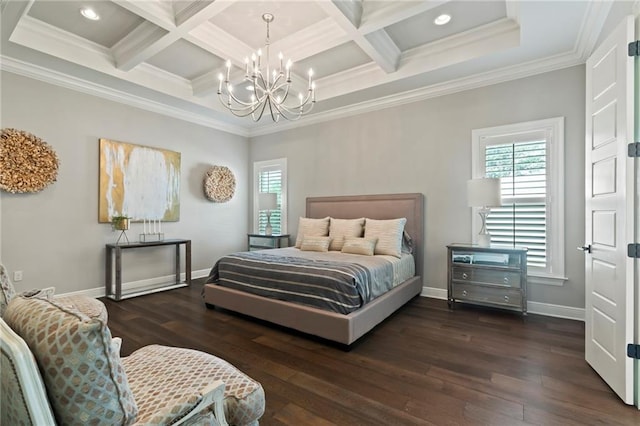 331 Memphis Trce, Covington, LA 70433 - bedroom featuring multiple windows, a chandelier, hardwood / wood-style flooring, coffered ceiling, and beam ceiling