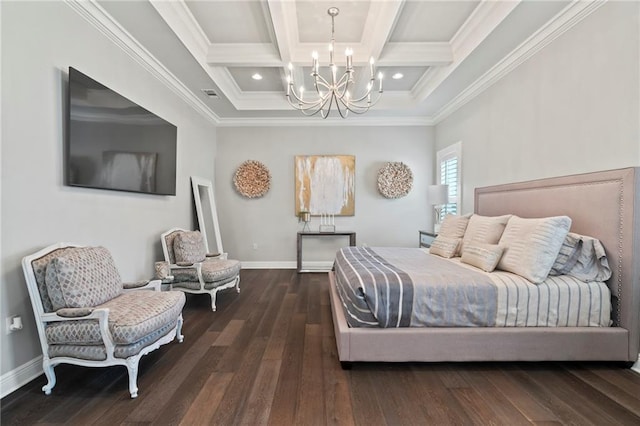 331 Memphis Trce, Covington, LA 70433 - bedroom with a chandelier, wood finished floors, coffered ceiling, baseboards, and ornamental molding