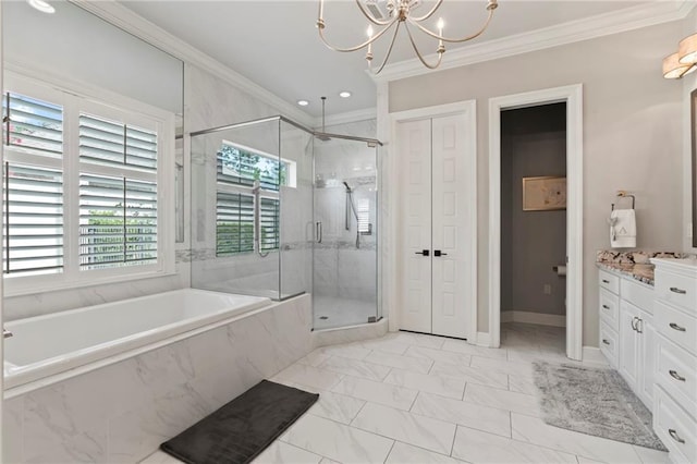 331 Memphis Trce, Covington, LA 70433 - full bath with crown molding, a marble finish shower, a bath, vanity, and marble look tile flooring
