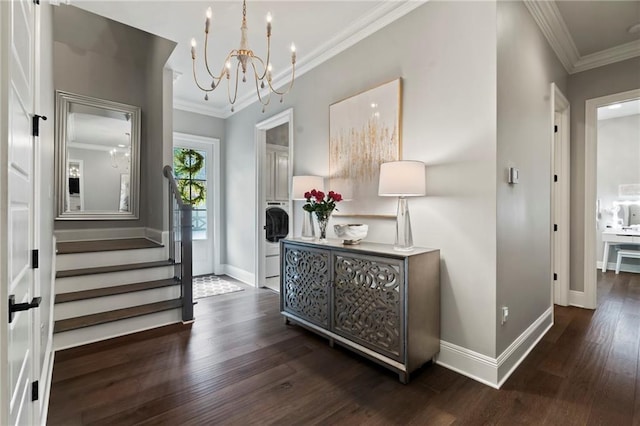 331 Memphis Trce, Covington, LA 70433 - entrance foyer with wood finished floors, baseboards, a chandelier, ornamental molding, and stairway