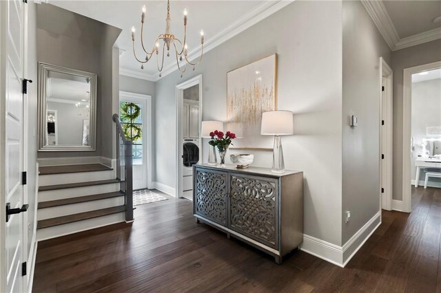 331 Memphis Trce, Covington, LA 70433 - entrance foyer with wood finished floors, a chandelier, crown molding, stairway, and washer / dryer