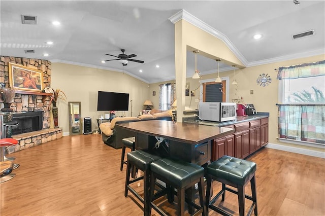 7542 Lehigh St, New Orleans, LA 70127 - kitchen featuring crown molding, light wood finished floors, a ceiling fan, a stone fireplace, and vaulted ceiling