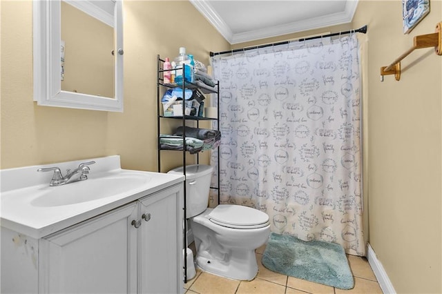 7542 Lehigh St, New Orleans, LA 70127 - bathroom with crown molding, vanity, toilet, tile patterned flooring, and a shower with shower curtain