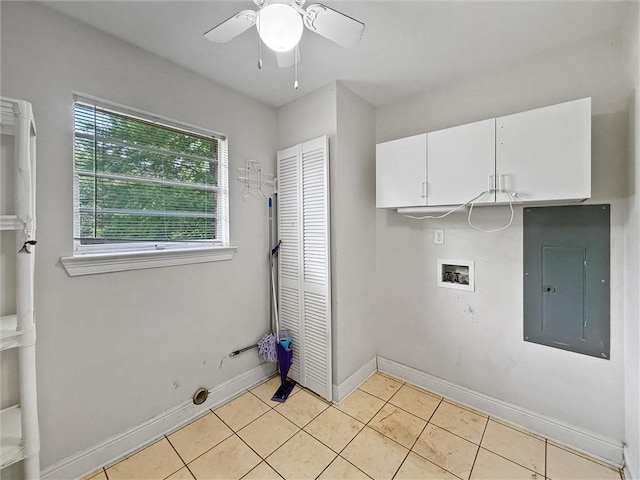 34159 Tupelo Ln, Slidell, LA 70460 - laundry area with electric panel, hookup for a washing machine, cabinet space, baseboards, and ceiling fan