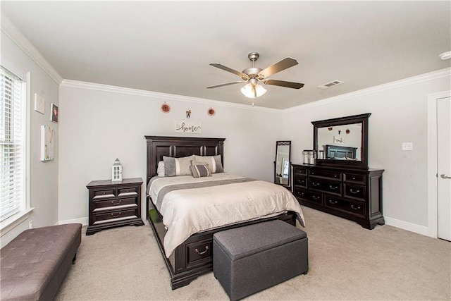 2329 Bradbury Pl, Covington, LA 70433 - bedroom featuring light carpet, crown molding, multiple windows, and a ceiling fan