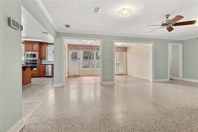 547 Jewel St, New Orleans, LA 70124 - unfurnished living room featuring ceiling fan, crown molding, and baseboards