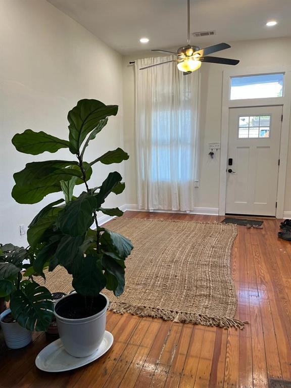 2754 Saint Ann St, New Orleans, LA 70119 - entrance foyer with hardwood / wood-style floors, ceiling fan, and recessed lighting