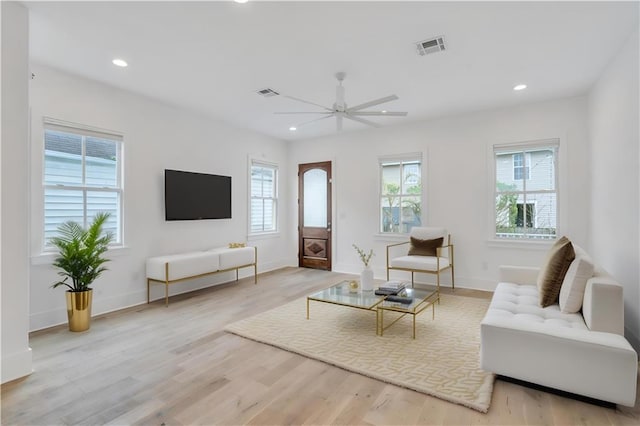 2509 Palmyra St, New Orleans, LA 70119 - living room featuring a ceiling fan, light wood finished floors, and recessed lighting