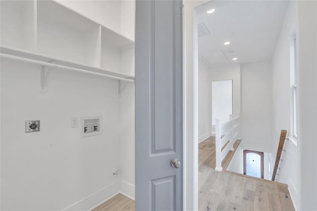 2509 Palmyra St, New Orleans, LA 70119 - washroom featuring electric dryer hookup, washer hookup, light wood-style floors, attic access, and hookup for a gas dryer