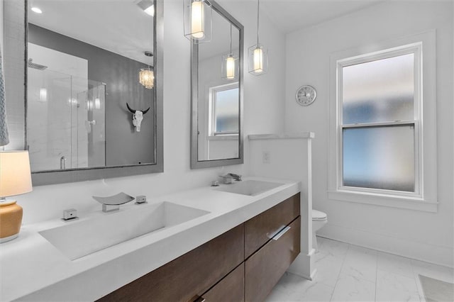 2316 Onzaga St, New Orleans, LA 70117 - full bath with marble look tile flooring, double vanity, and a shower stall