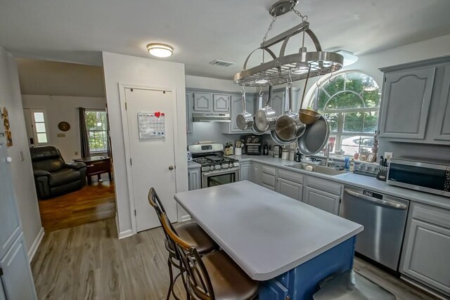 70380 K St, Covington, LA 70433 - kitchen featuring appliances with stainless steel finishes, under cabinet range hood, gray cabinets, and light wood-type flooring
