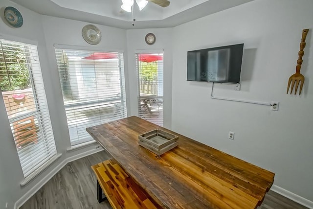 70380 K St, Covington, LA 70433 - dining space featuring a ceiling fan, dark wood-style flooring, and a raised ceiling