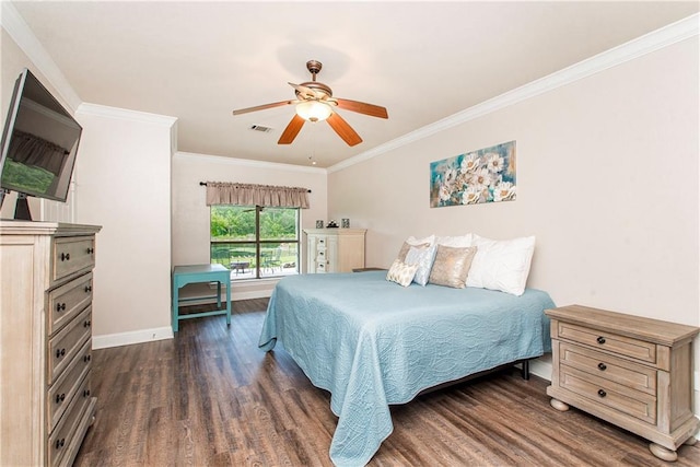 42013 Red Maple St, Hammond, LA 70403 - bedroom featuring dark wood-style floors, ornamental molding, and ceiling fan