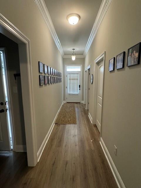7248 Kenilworth Crossing Ave, Baton Rouge, LA 70820 - doorway with dark wood-style flooring and crown molding