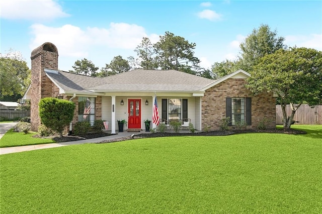 104 Inverrary Ct, Slidell, LA 70460 - single story home with a chimney, a porch, roof with shingles, and brick siding