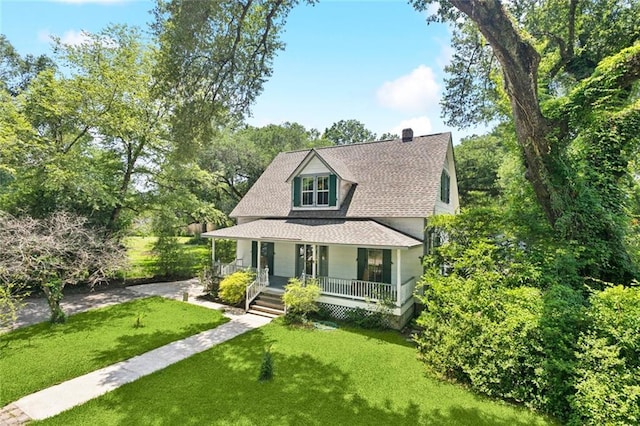39267 Z Oaks Ln, Ponchatoula, LA 70454 - view of front of property with covered porch, a front lawn, a shingled roof, a chimney, and driveway