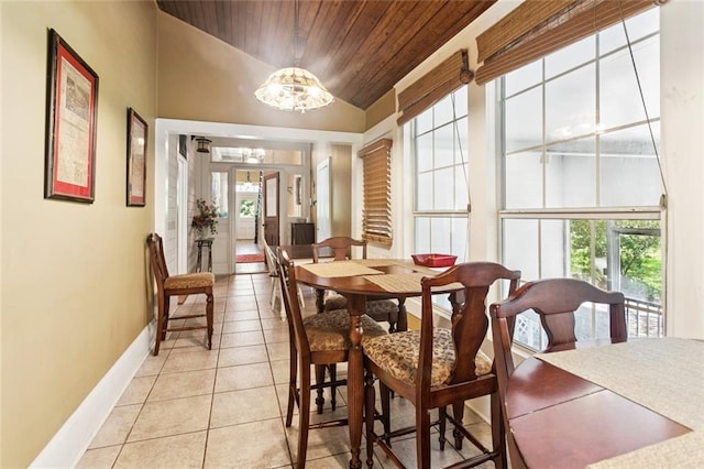 39267 Z Oaks Ln, Ponchatoula, LA 70454 - dining room featuring wood ceiling, lofted ceiling, light tile patterned flooring, and a chandelier