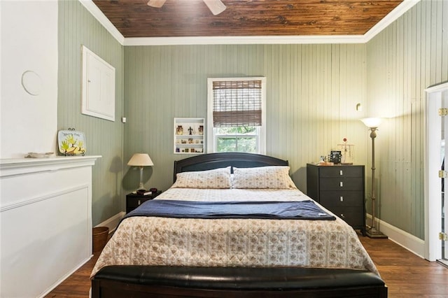 39267 Z Oaks Ln, Ponchatoula, LA 70454 - bedroom featuring crown molding, dark wood-style flooring, wooden ceiling, and a ceiling fan