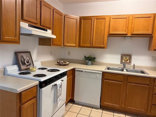 312 W 20th Ave, Covington, LA 70433 - kitchen with white appliances, under cabinet range hood, light countertops, and brown cabinetry