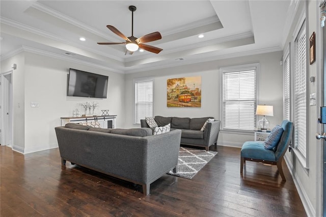 2060 Saint Denis St, New Orleans, LA 70122 - living area featuring a tray ceiling, ceiling fan, hardwood / wood-style floors, crown molding, and recessed lighting