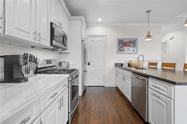 2060 Saint Denis St, New Orleans, LA 70122 - kitchen featuring stainless steel appliances, a peninsula, crown molding, white cabinetry, and dark wood-style flooring