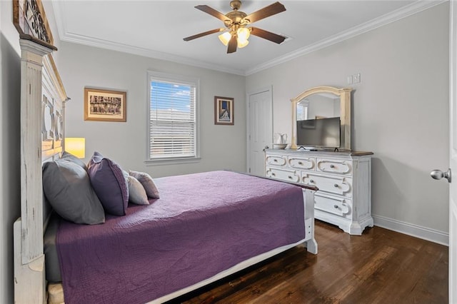2060 Saint Denis St, New Orleans, LA 70122 - bedroom with dark wood-style floors, crown molding, and ceiling fan