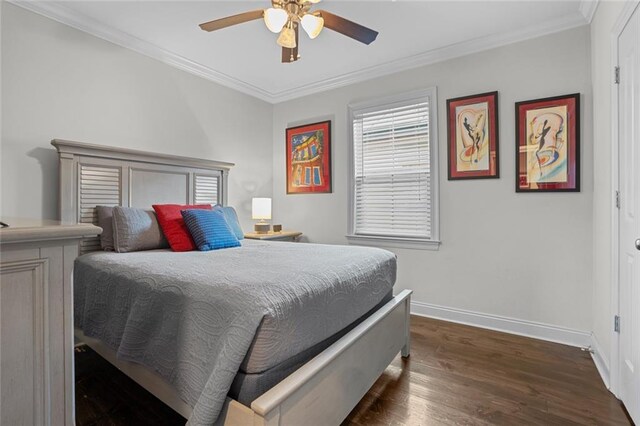 2060 Saint Denis St, New Orleans, LA 70122 - bedroom with dark wood-style flooring, crown molding, multiple windows, and ceiling fan