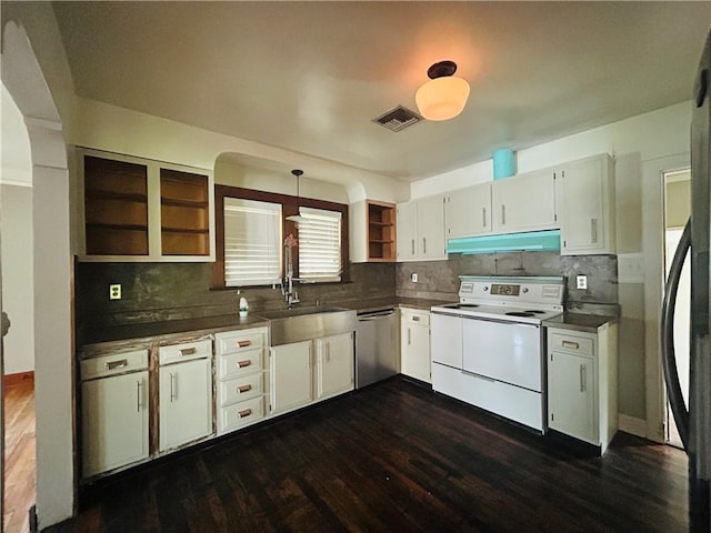 402 Orion Ave, Metairie, LA 70005 - kitchen with electric range, open shelves, stainless steel dishwasher, under cabinet range hood, and dark wood-style floors