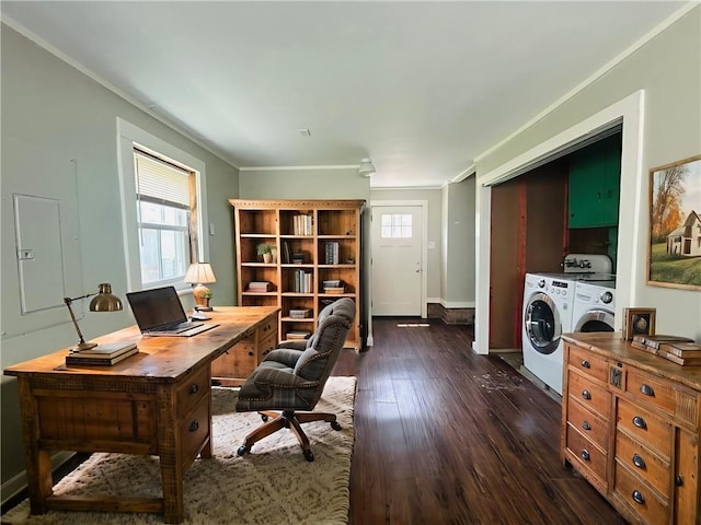 402 Orion Ave, Metairie, LA 70005 - office area featuring washing machine and clothes dryer, dark wood-style floors, and crown molding