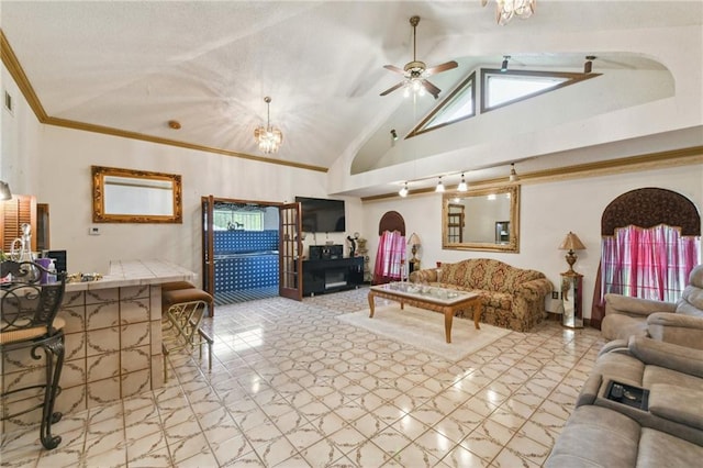 1319 Sumner St, New Orleans, LA 70114 - living area with lofted ceiling, crown molding, and ceiling fan