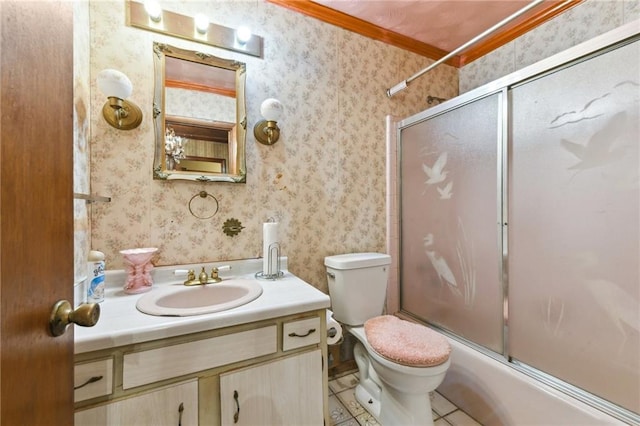 1319 Sumner St, New Orleans, LA 70114 - full bath featuring ornamental molding, wallpapered walls, vanity, tile patterned flooring, and combined bath / shower with glass door
