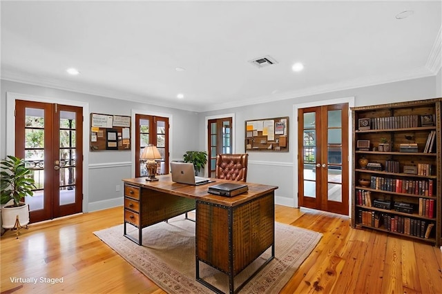 2801 Lakeshore Dr, Mandeville, LA 70448 - office area with french doors, light wood-type flooring, recessed lighting, and crown molding