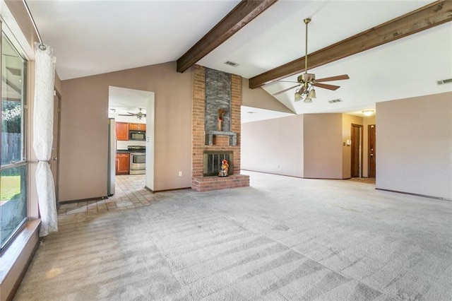 806 N Pearl Dr, Slidell, LA 70461 - unfurnished living room with ceiling fan, light carpet, and a fireplace