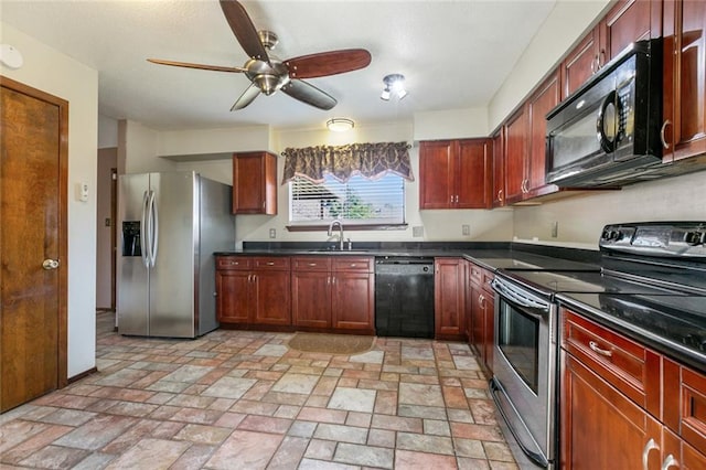 806 N Pearl Dr, Slidell, LA 70461 - kitchen with black appliances, dark countertops, reddish brown cabinets, and a ceiling fan