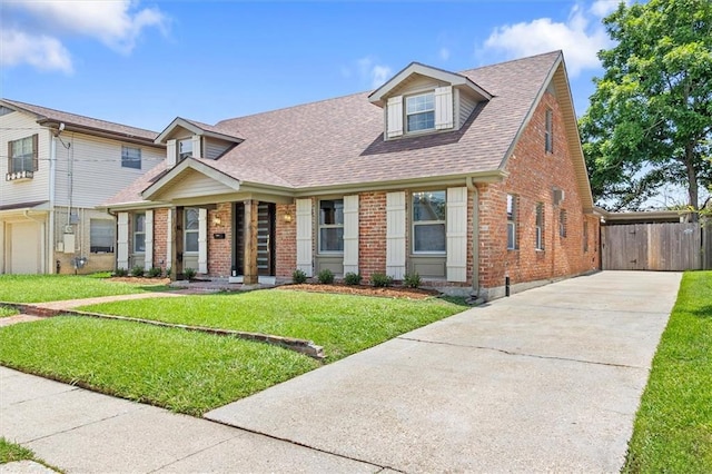 145 Macque Dr, Harahan, LA 70123 - view of front of house featuring brick siding, driveway, a shingled roof, a gate, and covered porch