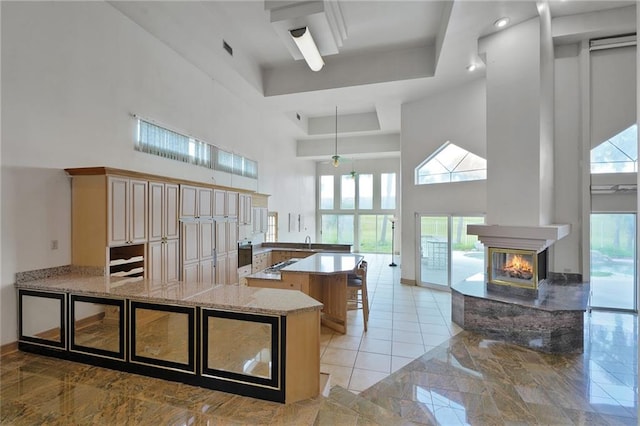 3128 Palm Vista Dr, Metairie, LA 70003 - kitchen featuring a towering ceiling, appliances with stainless steel finishes, a multi sided fireplace, a peninsula, and cream cabinetry