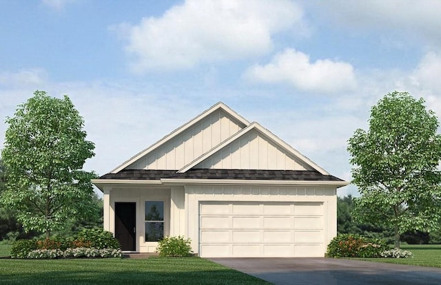40447 Cara Mae St, Slidell, LA 70461 - view of front of property with driveway, a garage, roof with shingles, board and batten siding, and a front lawn