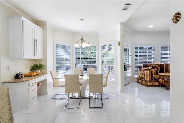647 Highland Oaks Dr, Baton Rouge, LA 70810 - dining room featuring a chandelier, light marble finish flooring, crown molding, and recessed lighting