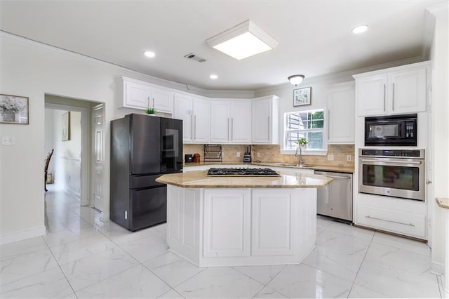 647 Highland Oaks Dr, Baton Rouge, LA 70810 - kitchen featuring black appliances, light marble finish floors, white cabinetry, ornamental molding, and recessed lighting